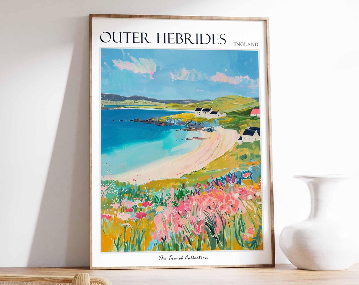 Outer Hebrides Pink Wildflower Beach Cove Scenic Travel Poster