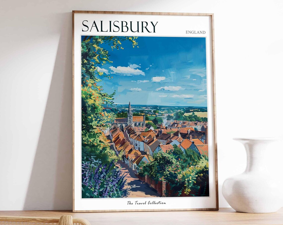 Salisbury England Town Rooftops Church Spire Colorful Hill View Poster