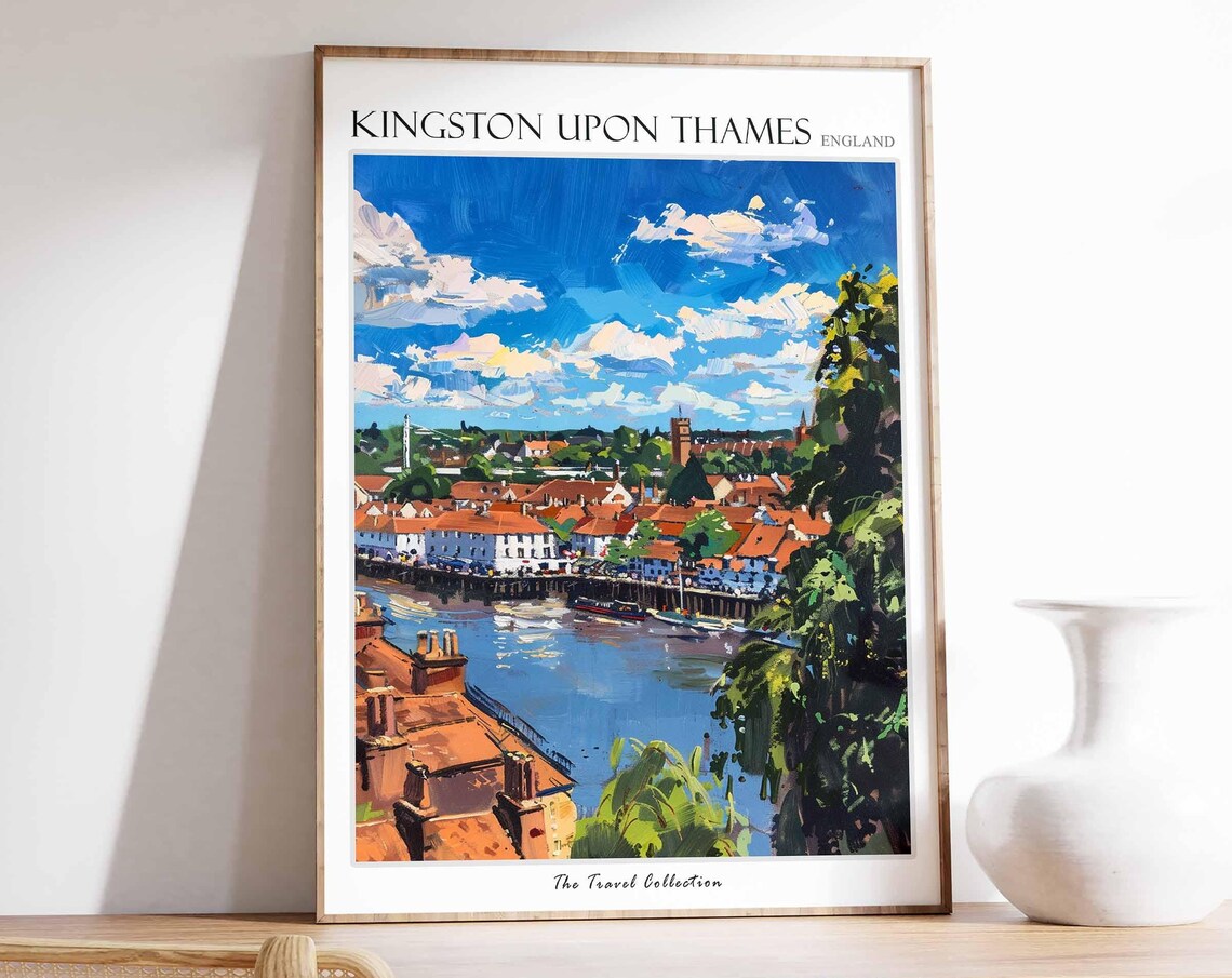 Kingston Upon Thames England Riverside Town Colorful Travel Poster