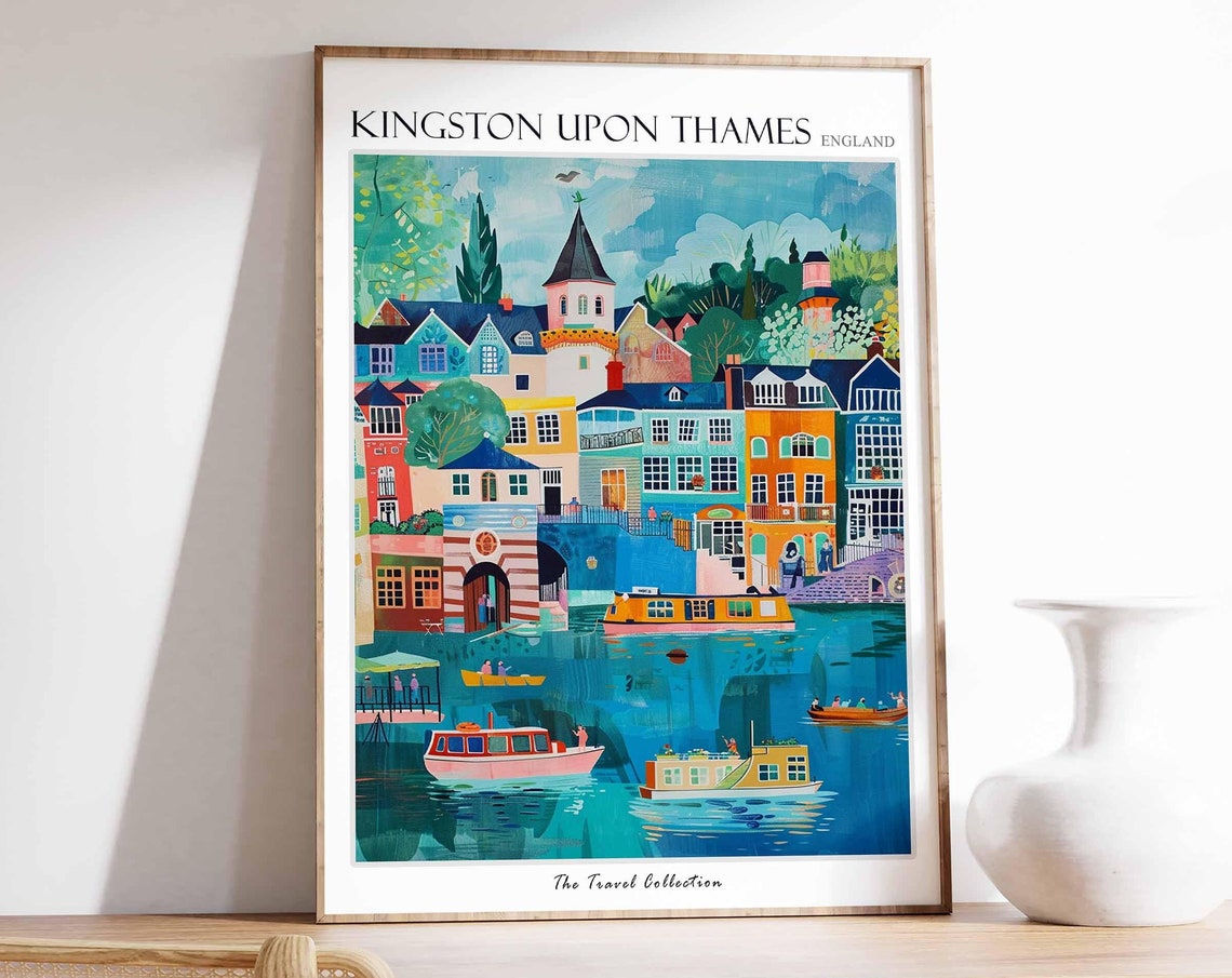 Colorful Kingston Upon Thames England Riverside Travel Art Poster