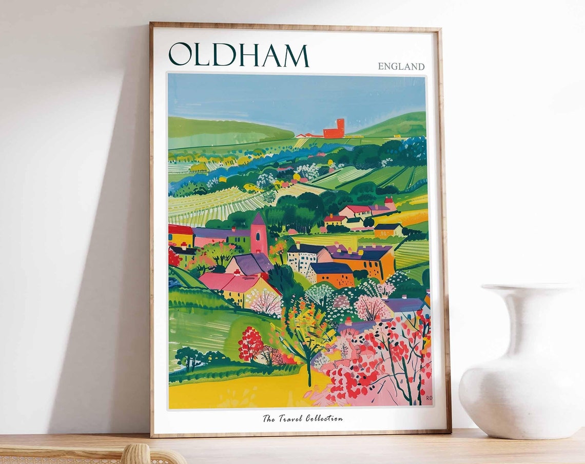 Oldham England Green Rolling Hills Village Travel Collection Poster