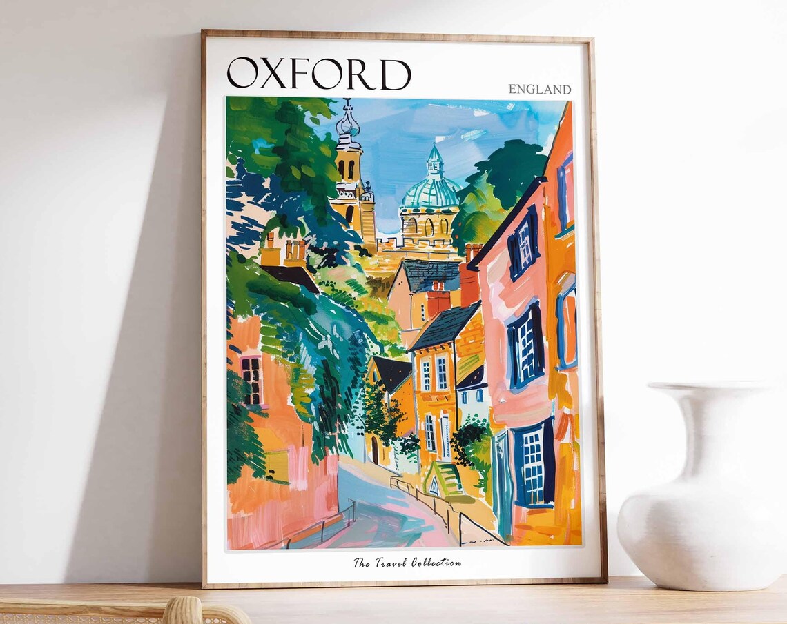 Oxford England Colorful Street Scene Church Towers Travel Poster