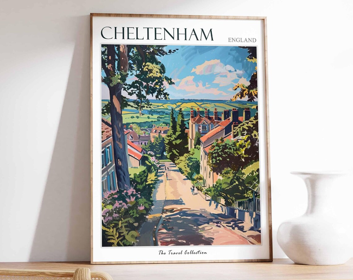 Cheltenham England Tree Lined Street Red Rooftops Hills Poster