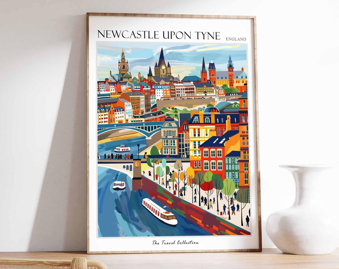 Newcastle Upon Tyne England Bridges River Colorful City Travel Poster