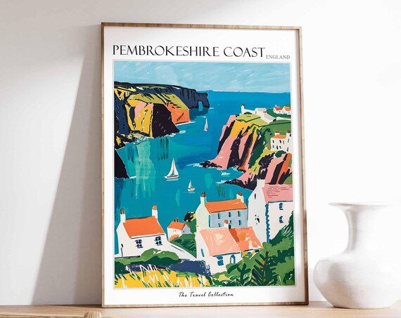 Pembrokeshire Coast Fishing Village Sea Sailboats Cliffs Poster