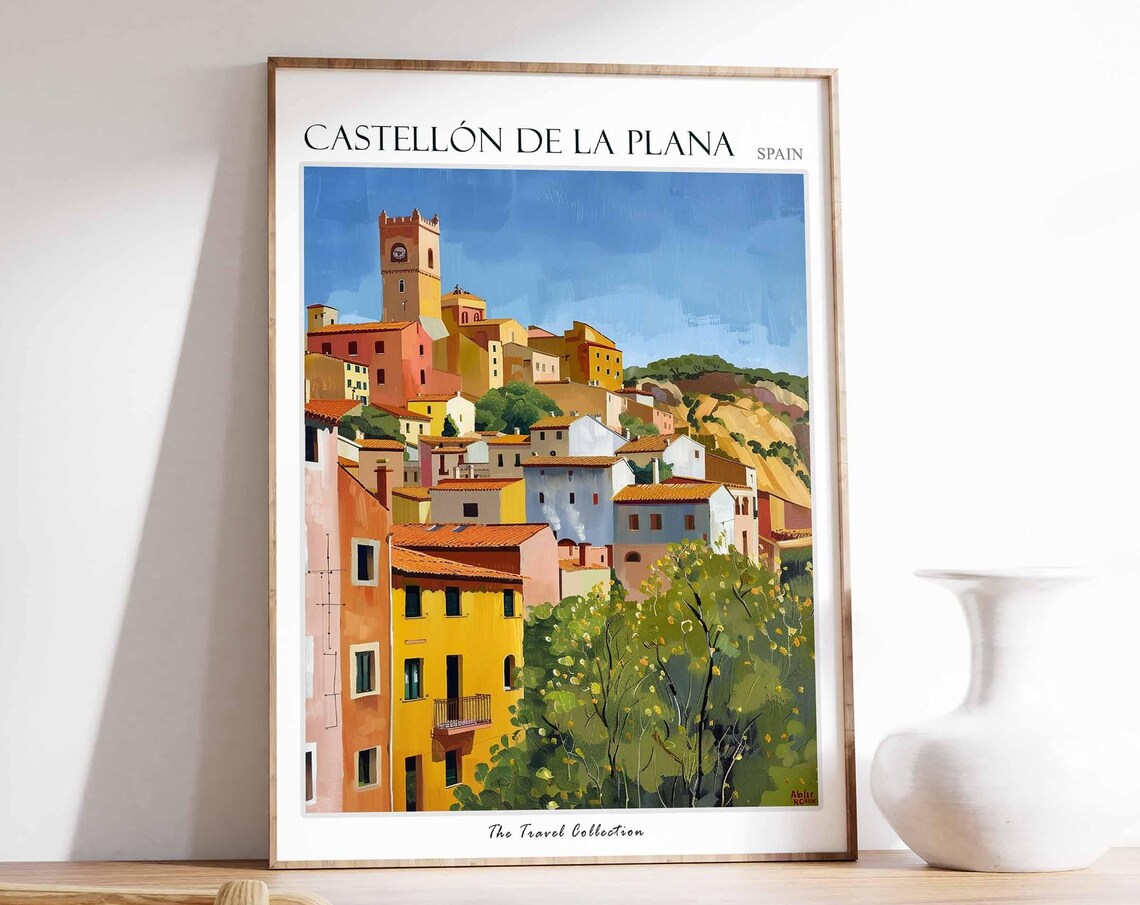 Castellón de la Plana Spain Hilltop Town Clock Tower Travel Poster