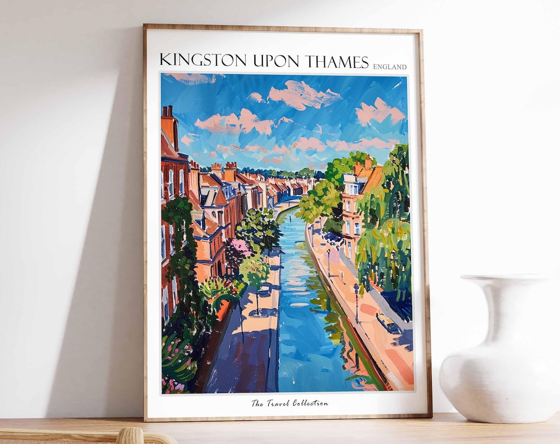 Kingston Upon Thames England River Street Scene Pink Sky Travel Poster
