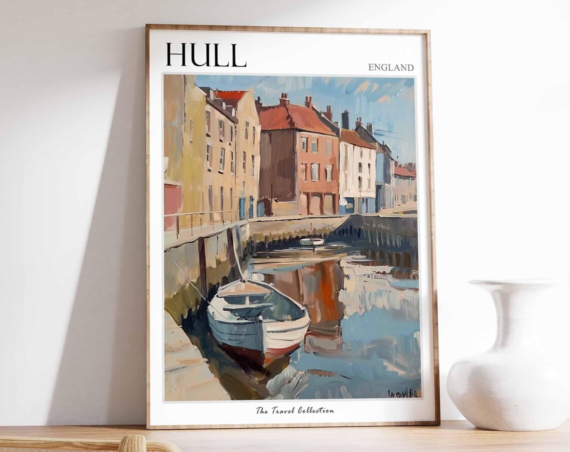 Hull England Quiet Canal Moored Boat Brick Quay Travel Poster