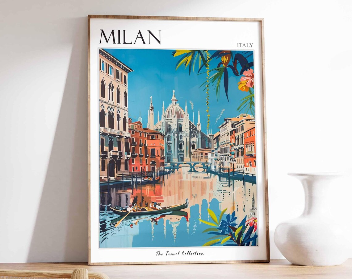 Milan Italy Canal Cathedral Art Illustration Travel Collection Poster