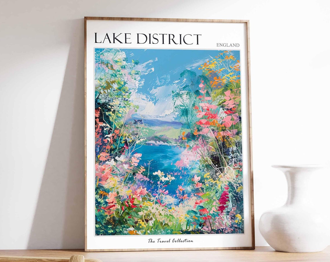 Lake District England Floral Impasto Blue Lake Hideaway Poster