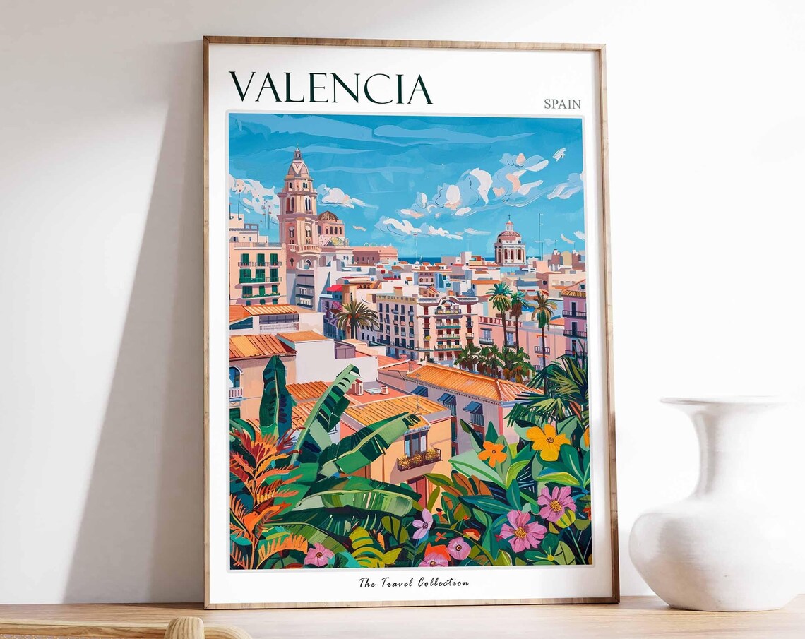 Valencia Spain City Panorama Cathedral Tower Tropical Art Poster