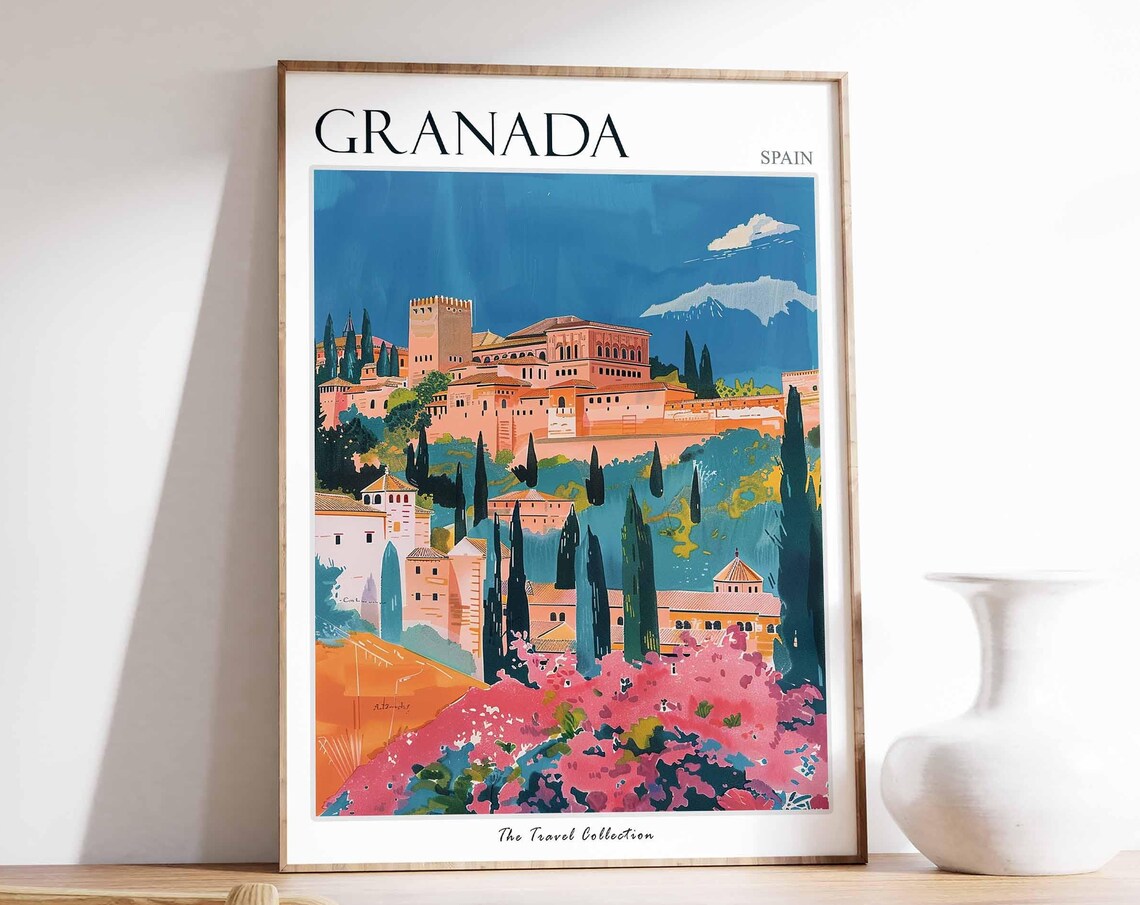 Granada Spain Alhambra Palace Pink Blossom Travel Art Poster