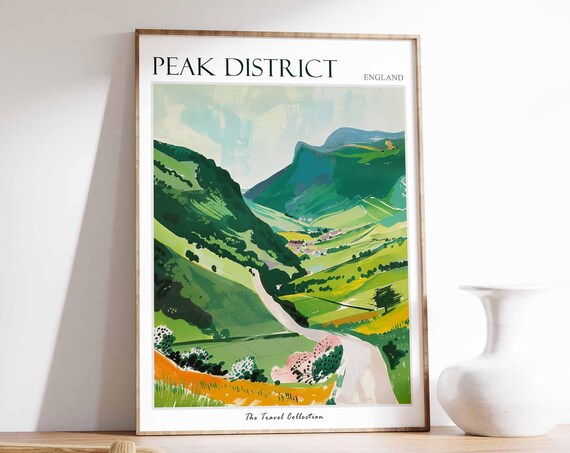 Peak District Green Valley Winding Road Scenic Travel Poster