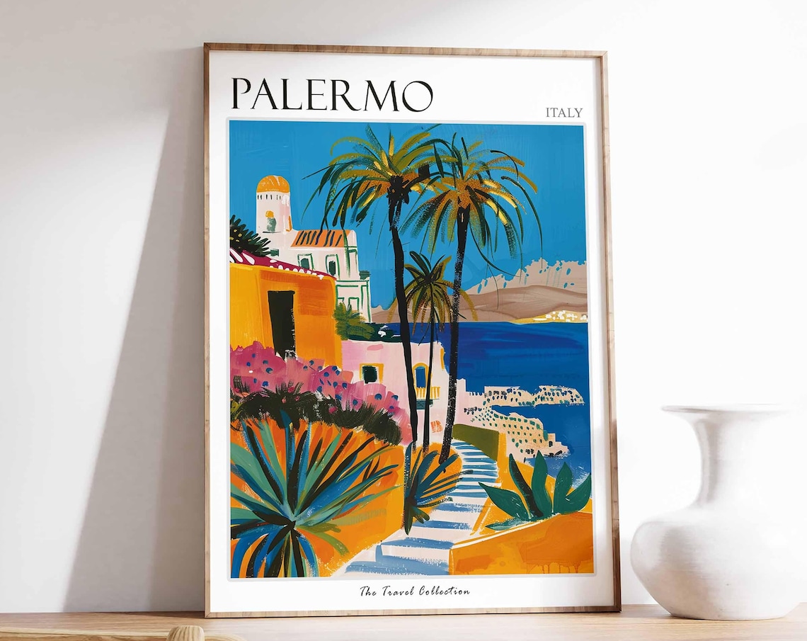 Palermo Italy Seaside Palms Church Steps Travel Collection Poster