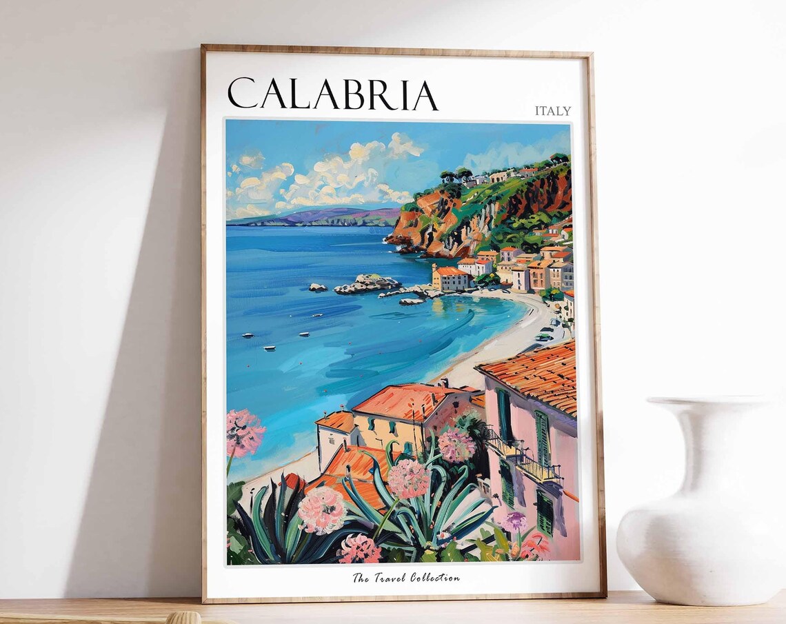Calabria Italy Coastal Cliffs Village Boats Flowers View Poster
