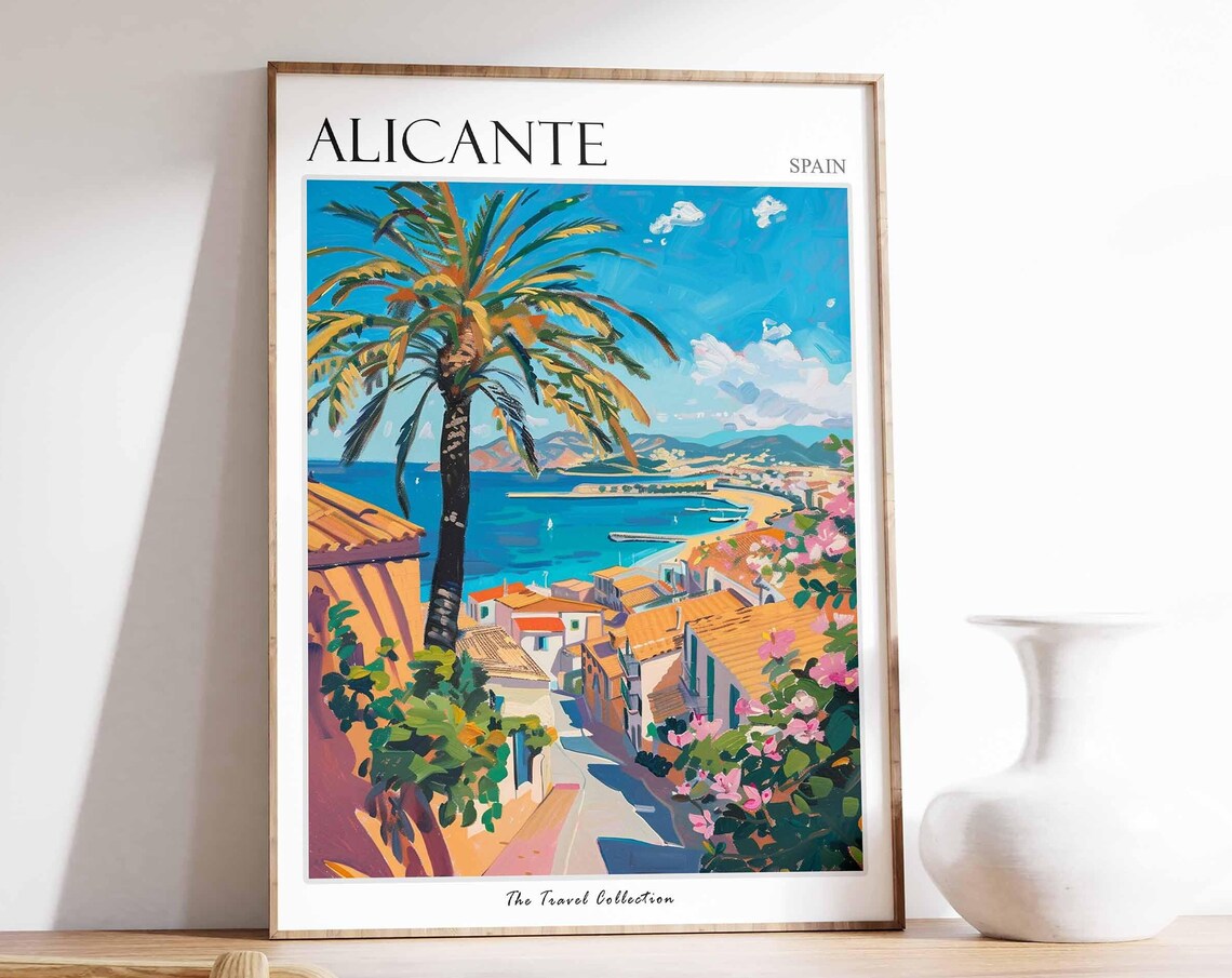 Alicante Spain Palm Tree Bay Overlook Colorful Coast Art Poster