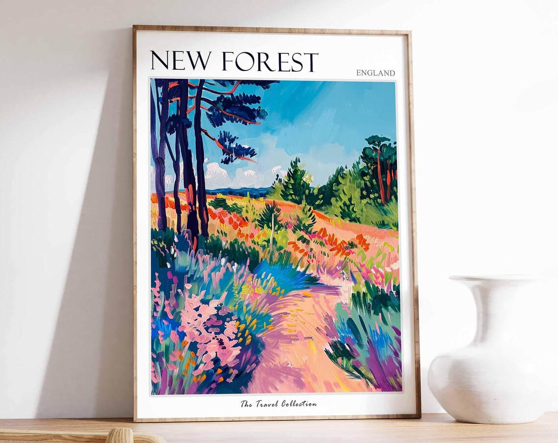 New Forest England Colorful Pine Meadow Landscape Travel Poster