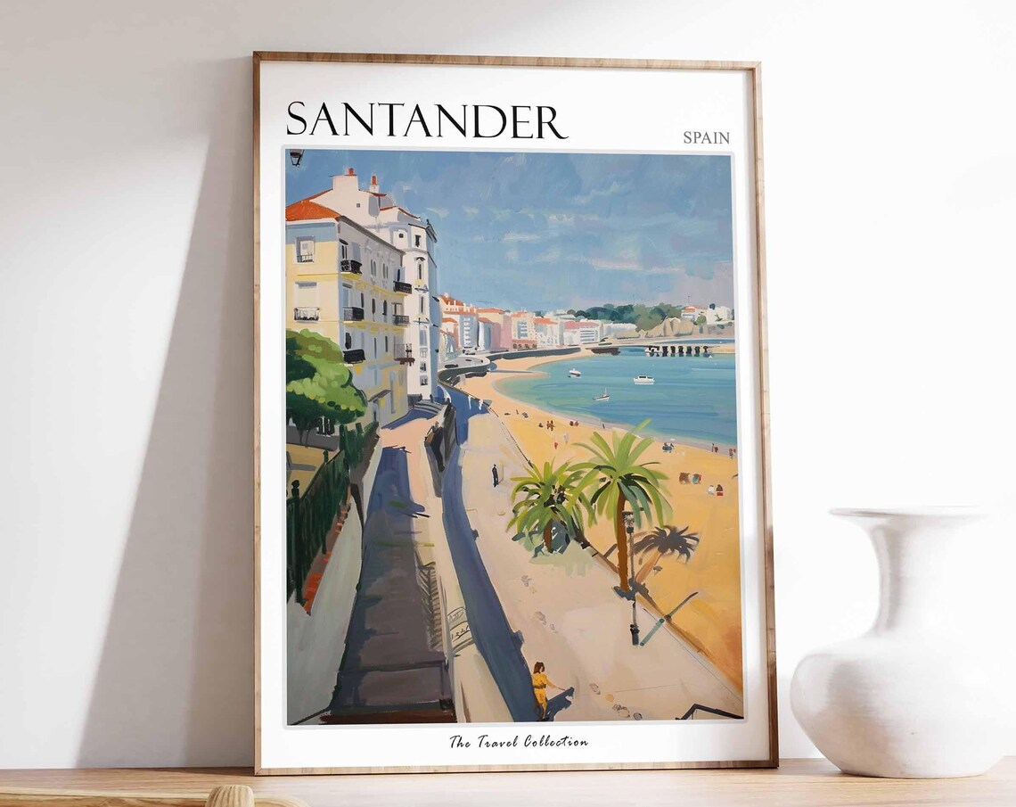 Santander Spain Beach and Pier Sunny Coast Painting Art Poster