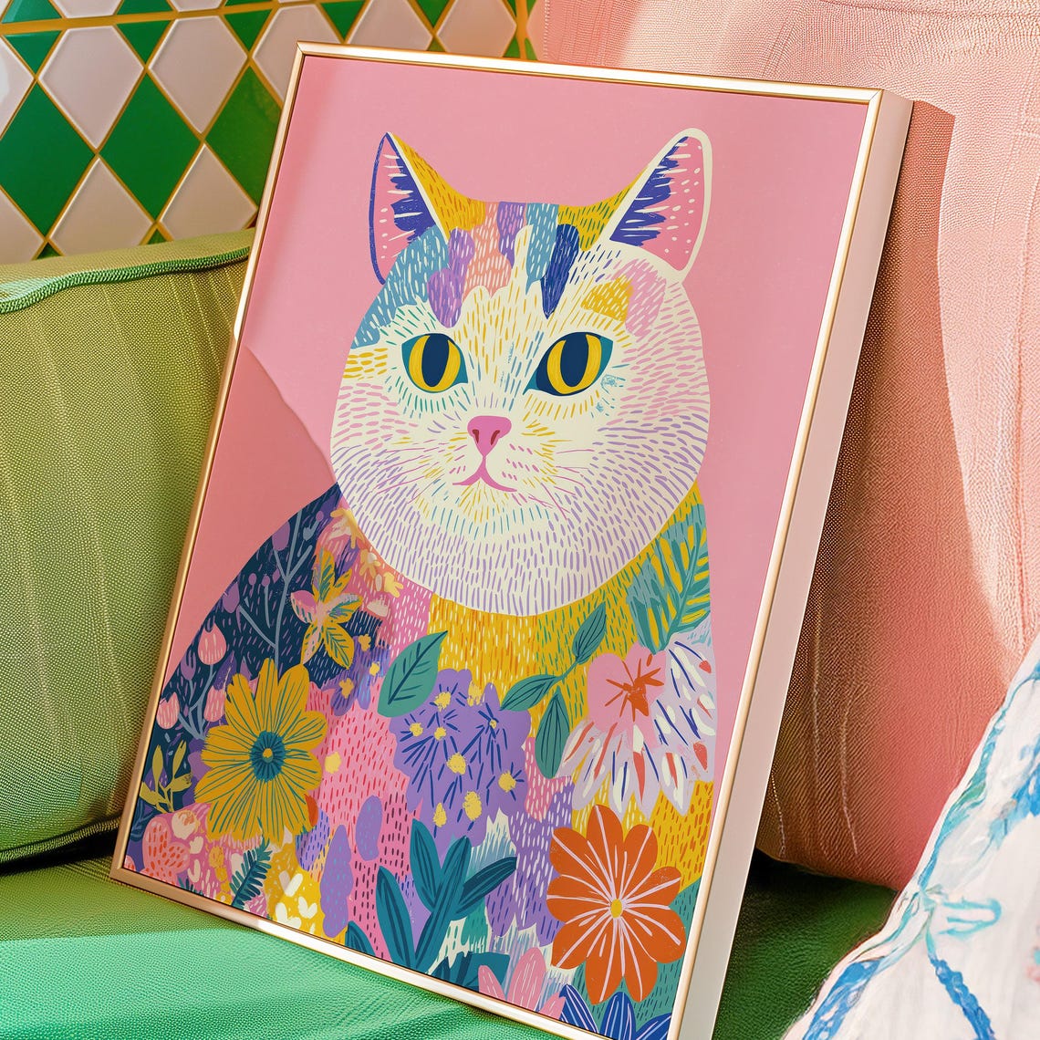 Floral Cat Wall Art Colorful Whimsical Botanical Illustration For Instant Home Decor