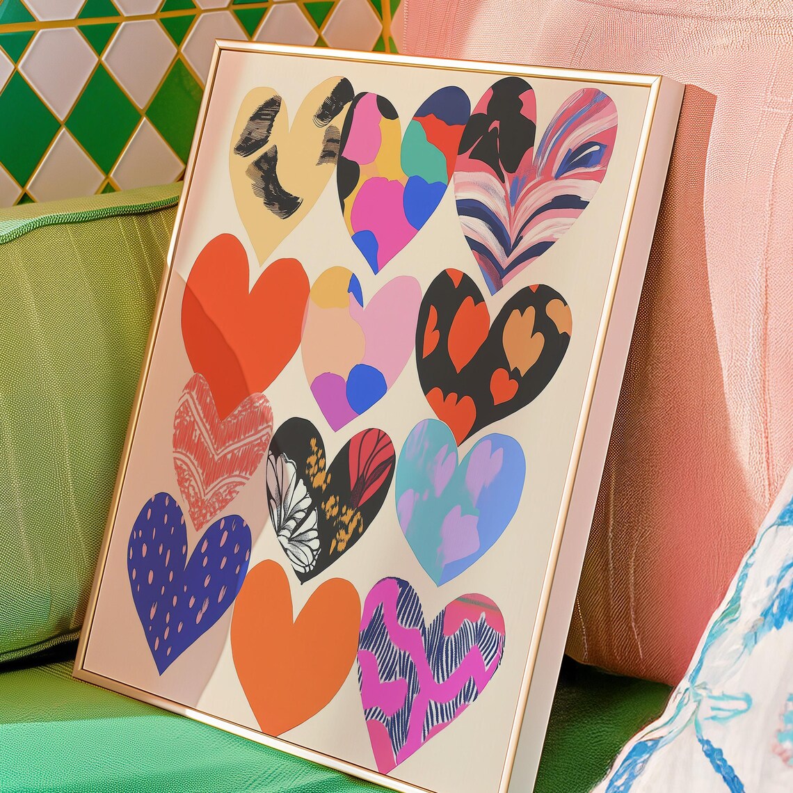 Colorful Hearts Pattern Abstract Modern Wall Decor Love Poster Gift