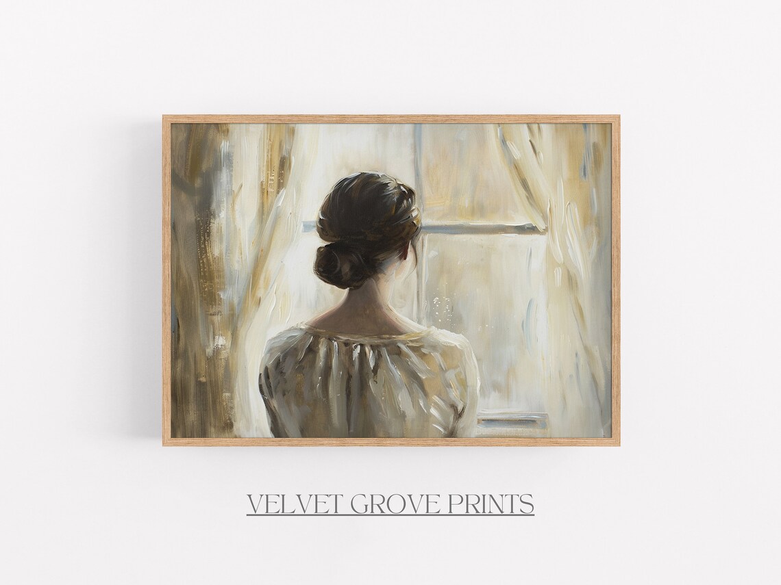 Woman At Window Oil Painting Art Print Elegant Vintage Style