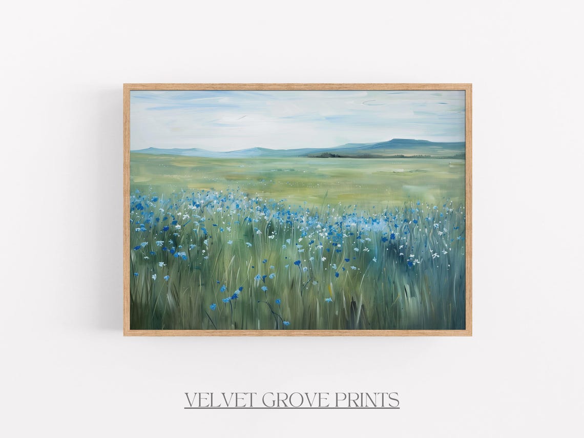 Blue Wildflower Meadow Field Impressionist Oil Painting Poster