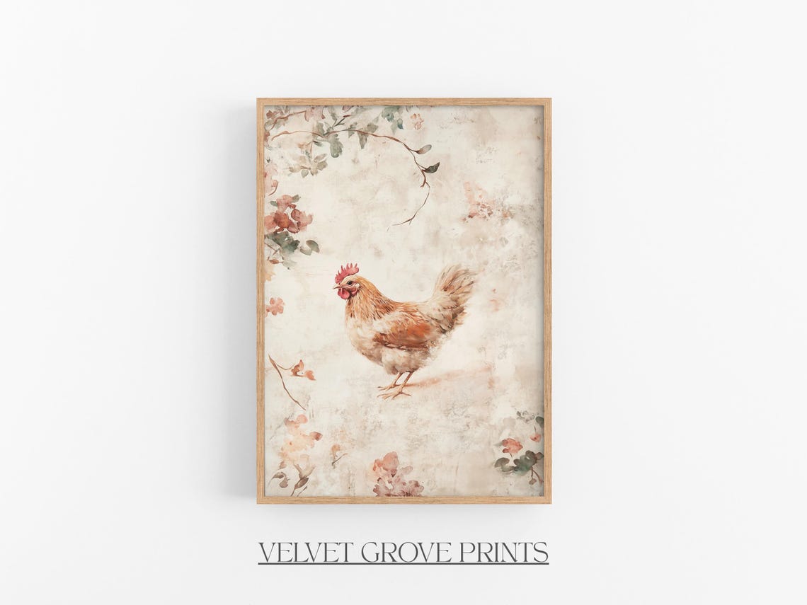 Vintage Hen with Flowers Soft Rustic Farmhouse Kitchen Painting Print