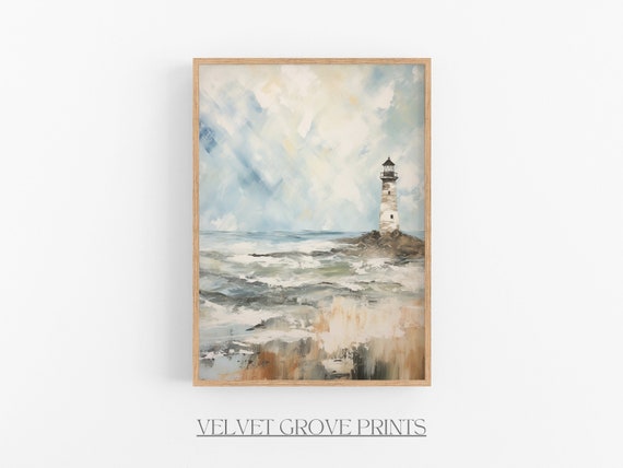 Vintage Lighthouse Oil Painting Coastal Nature Scene Instant