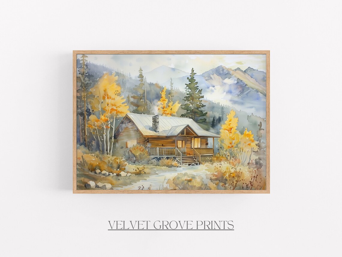 Cozy Log Cabin In Autumn Woods Watercolor Mountain Retreat Print
