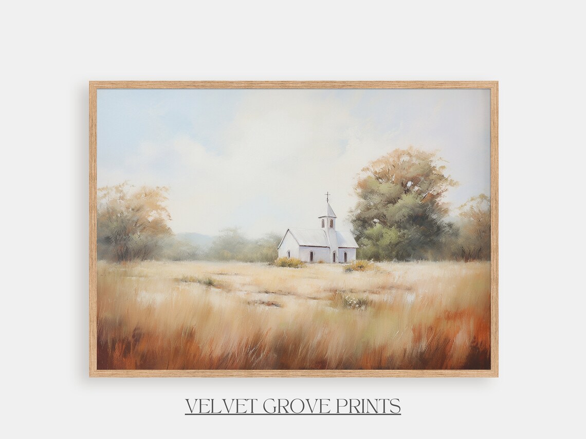 White Country Church In A Golden Autumn Meadow Vintage Style Poster