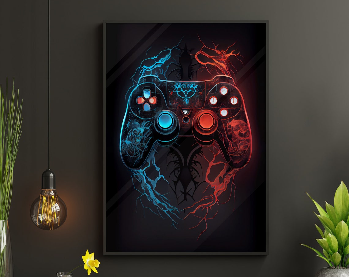 Neon Blue and Red Game Controller with Lightning Bolts Gaming Poster