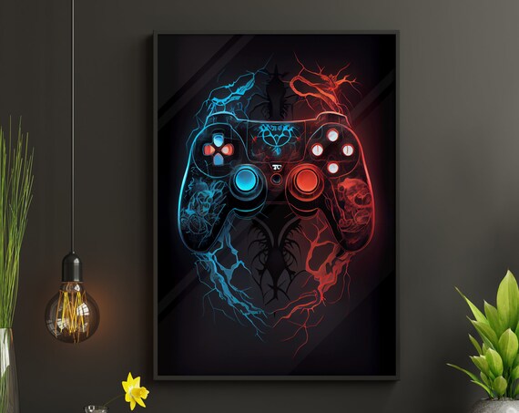 Neon Blue and Red Game Controller with Lightning Bolts Gaming Poster