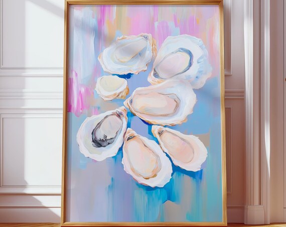 Oyster Shells Pastel Blue Pink Abstract Coastal Kitchen Wall Art