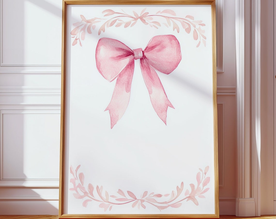 Pink Watercolor Bow Leaf Garland Delicate Coquette Nursery Art Poster