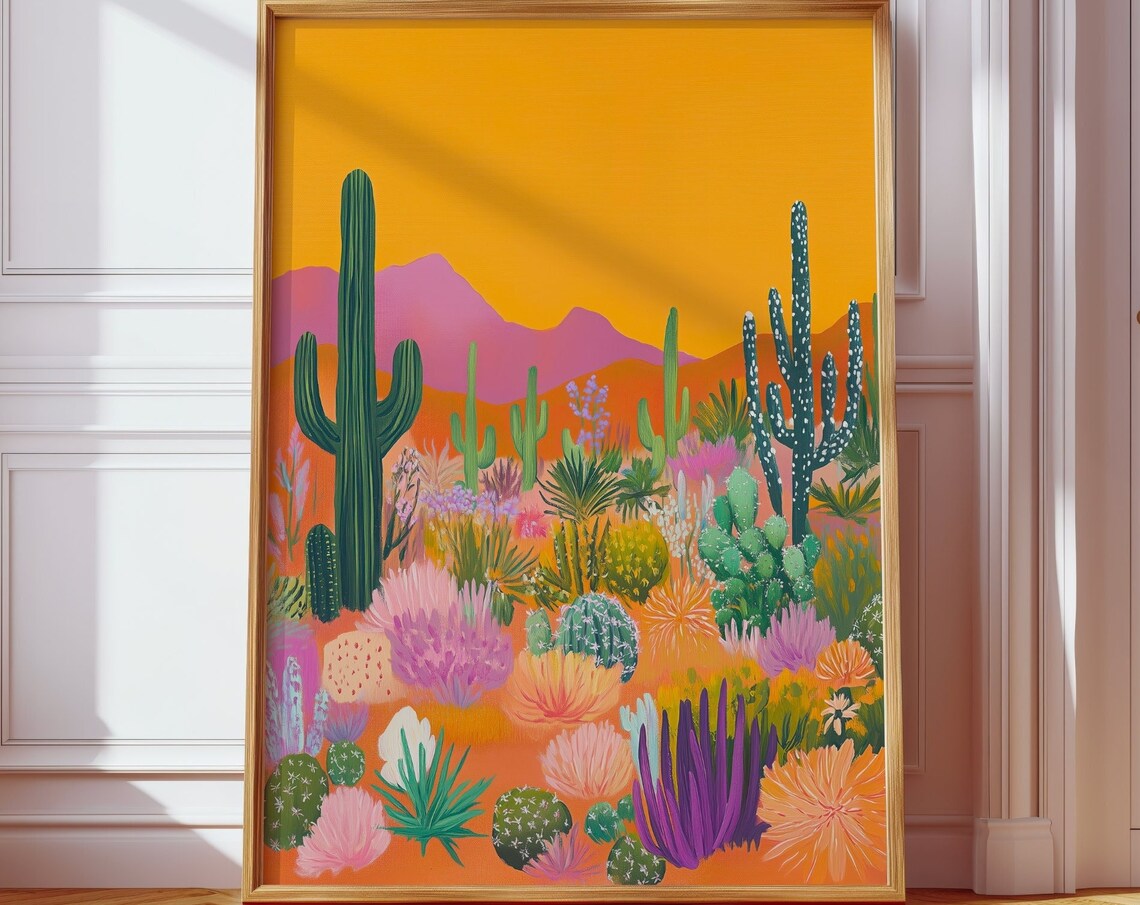 Desert Sunset Saguaro Cactus Landscape Painting Southwestern Wall Art