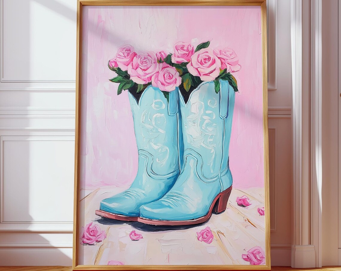 Blue Cowboy Boots with Pink Roses Oil Painting Floral Wall Art
