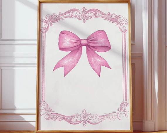 Preppy Pink Coquette Bow Art Print Vintage Girly Decor Hand Drawn Bow Illustration Aesthetic Dorm Poster Balletcore Nursery