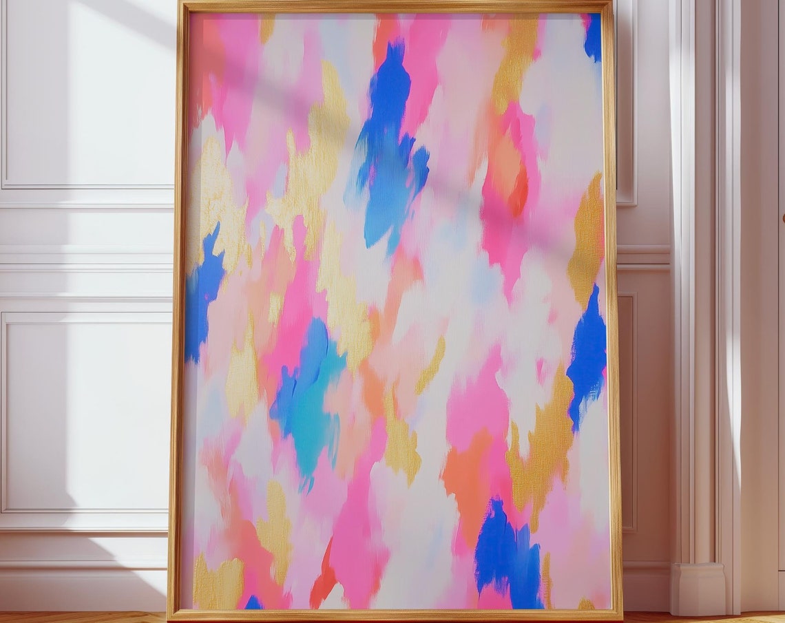 Pink Gold Blue Abstract Brushstroke Modern Colorful Wall Art