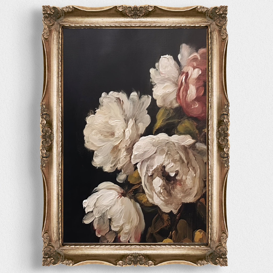 White And Blush Peonies On Dark Background Moody Floral Oil Poster