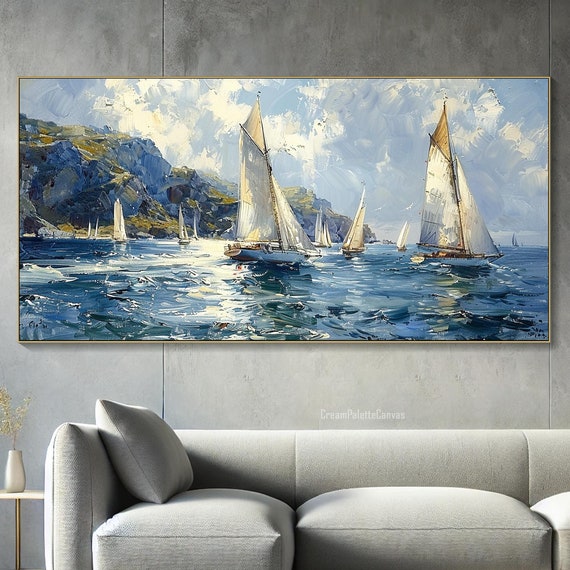 White Sailboats on the Sea, Abstract Oil Painting