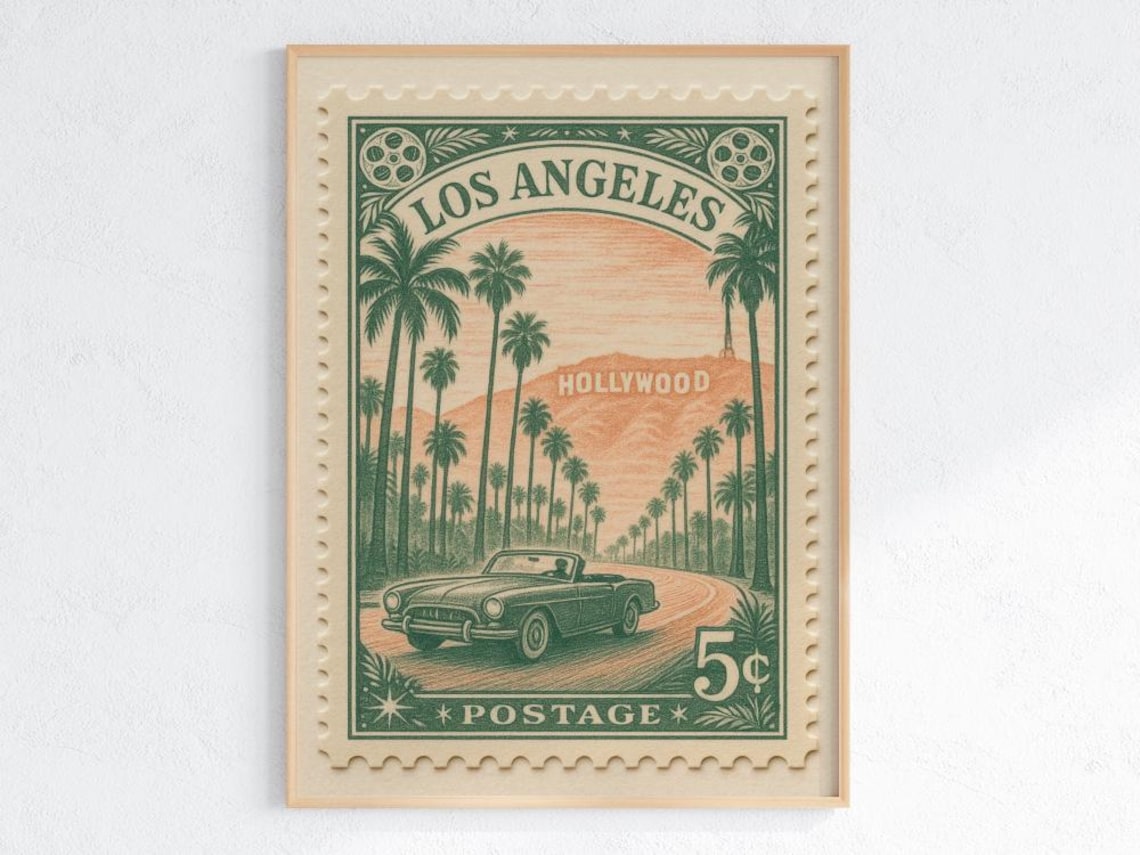 Los Angeles Vintage Postage Stamp Hollywood Palm Trees Travel Poster