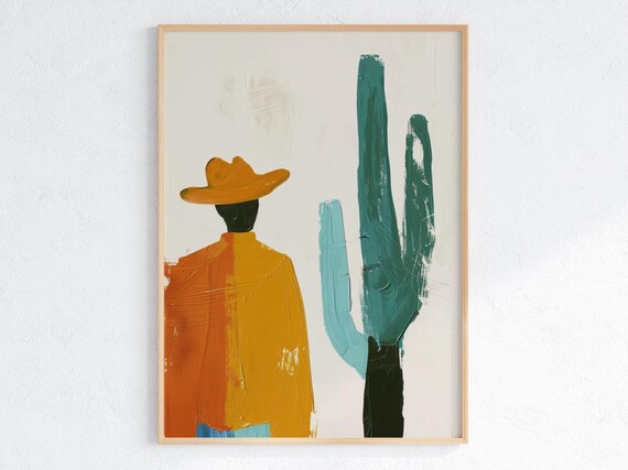 Abstract Cowboy Wall Art Modern Western Print Rustic Desert Cactus Poster Minimal Boho Painting Colorful Southwest Home Decor
