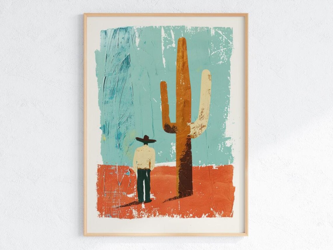 Minimalist Cowboy and Saguaro Cactus Desert Retro Western Art Poster