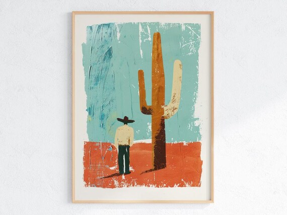 Abstract Cowboy And Cactus Poster Modern Western Desert Wall Art Rustic Minimalist Southwest Print Home Decor Shared Walls