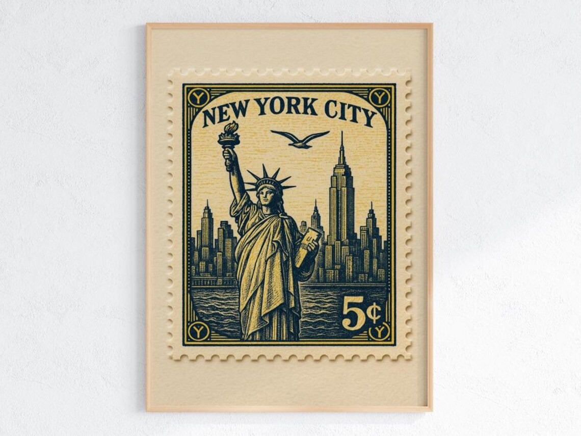 Vintage NYC Stamp Poster, Statue of Liberty Skyline