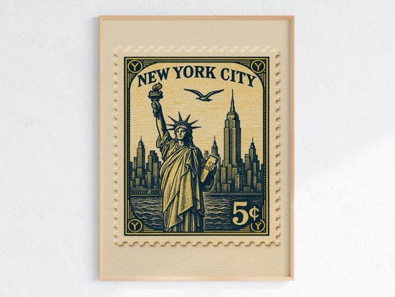 Vintage NYC Stamp Poster, Statue of Liberty Skyline