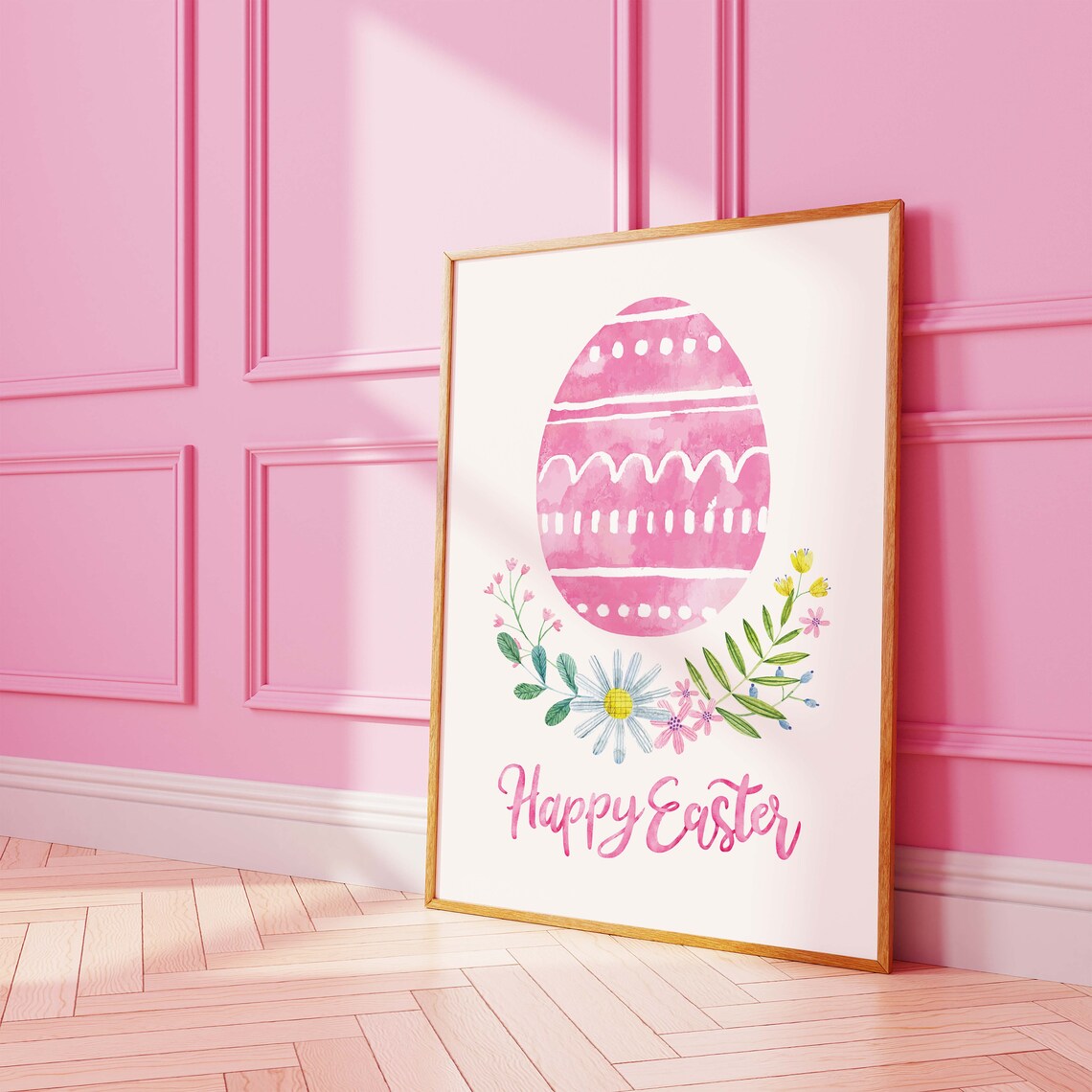 Happy Easter Pink Watercolor Egg Floral Spring Holiday Art Poster - Image 4