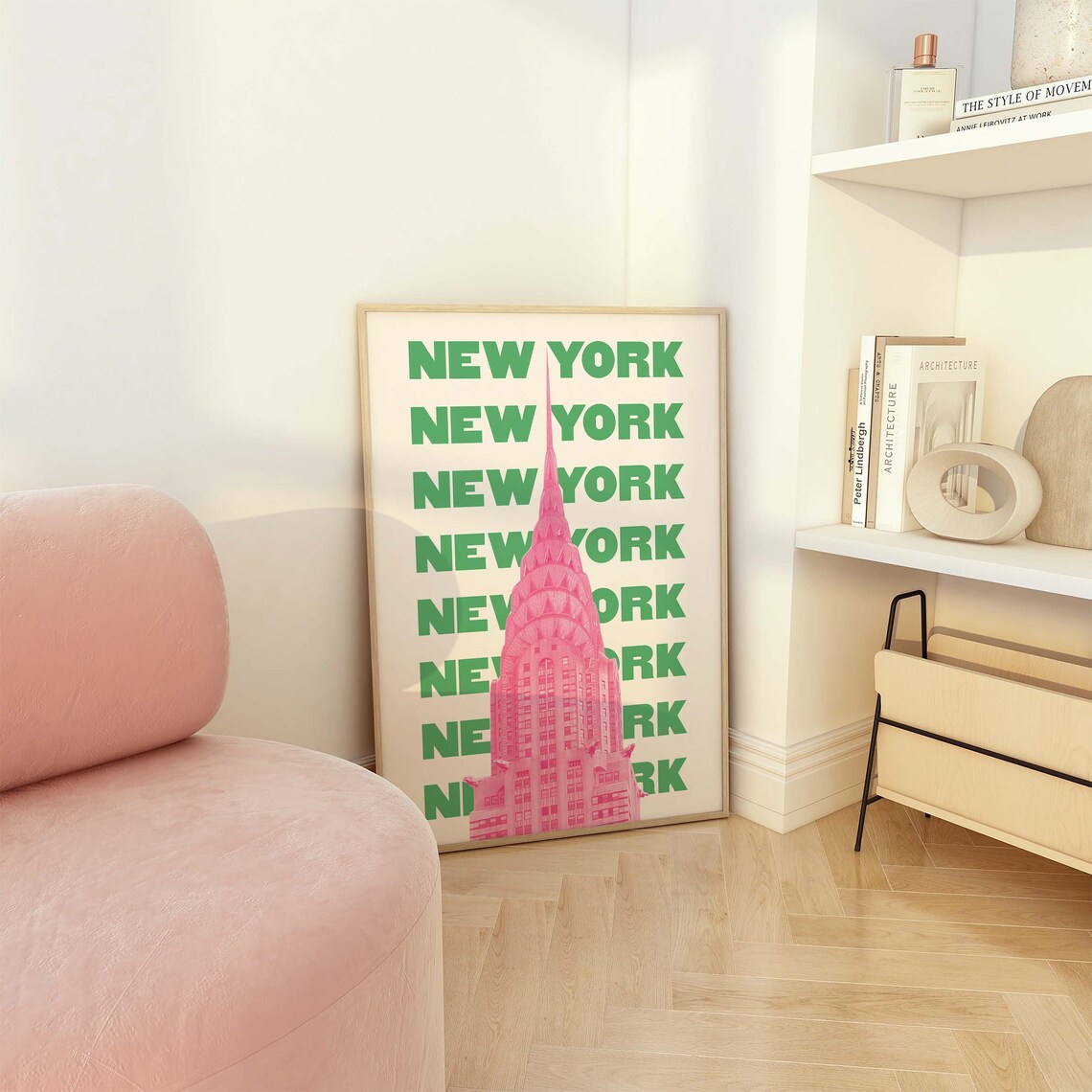 New York Chrysler Building Pink Green Retro Travel Text Poster - Image 4