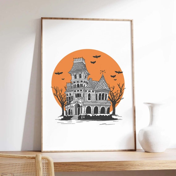 Haunted House Print Art Cute Halloween Wall Decor Trendy Orange Halloween Wall Art Spooky Season Art Print