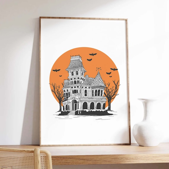 Victorian Haunted House Orange Moon Bats Halloween Decor Poster